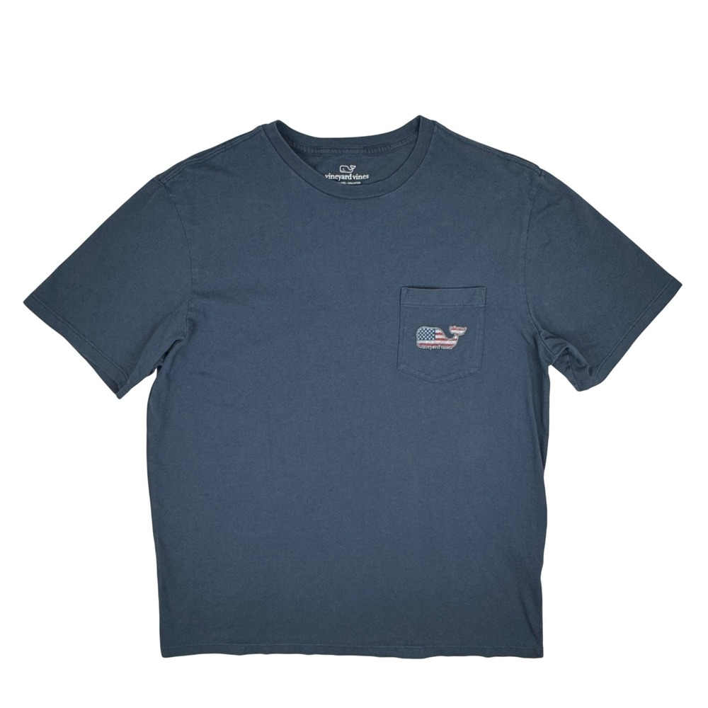 Vineyard Vines Mens Medium Graphic Pocket T-Shirt Navy Blue American Flag Whale